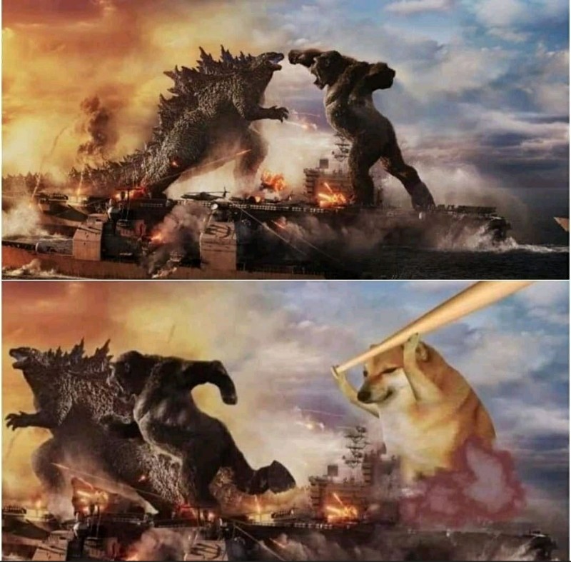 Godzilla Kong vs cheems bonk meme template