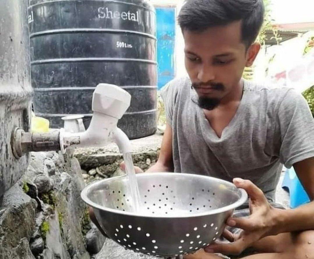 guy filling water in utensil meme template